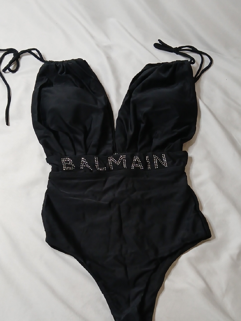 Balmain Black Crystal-Logo One-Piece Swimsuit